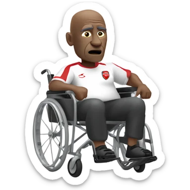 old black bald man with a round pot belly in wheelchair. angry face. grey stubble. he is pointing finger in front. wearing Arsenal soccer shirt. white word bubble sticker