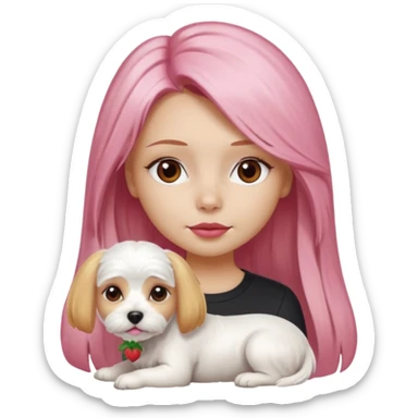 white Maltese terrier with pink nose on lap of girl with long blow-dried strawberry blond hair, brown eyes, thin eyebrows, slim nose, beautiful lips, Apple memoji emoji style sticker