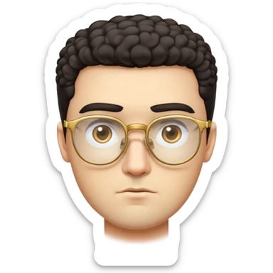 Man with square face, thick straight eyebrows, very short curly dark hair with fade on sides, light facial scruff, serious neutral expression, wearing large square golden glasses sticker