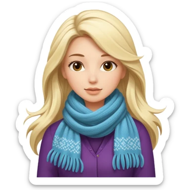 A stylish woman in a long and knitted scarf, hair flowing in the winter breeze. sticker