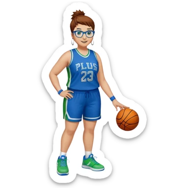 Full Body plus size white female basketball player with short medium brown hair with carmel highlights spikey hair wearing blue glasses 
 wide nose wearing blue green uniform  green sneakers smiling wearing silver hoop earrings sticker