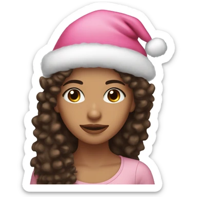 light brown skinned pretty woman with long black curly hair and almond brown eyes with pink christmas hat sticker