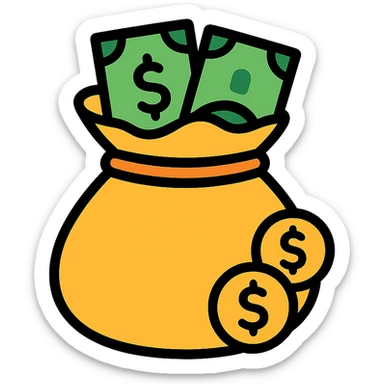 colored icon of a money bag with coins and banknotes peeking out sticker