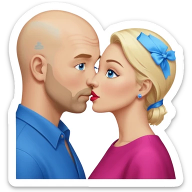 middle age bald man with scruff, blue eyes a.  Kissing blonde woman with blue eyes sticker