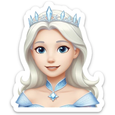 Cinematic Radiant Snow Queen Portrait Emoji, rendered in a realistic, vector style with clean proportions. Show Elsa with a gentle, confident smile, icy pale skin, and luxuriously styled platinum hair, her expression calm and regal. The image glows with a soft, enchanting icy luminescence, high shine, and is accented by a soft glowing outline that enhances her ethereal beauty. sticker