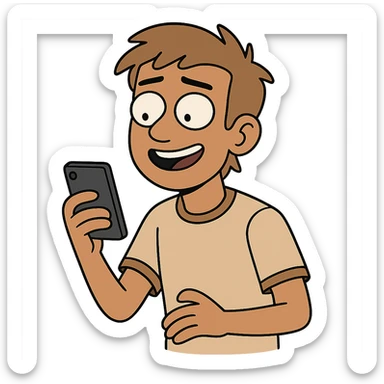 a tan boy with light brown hair holding a phone, western adult animation cartoon style sticker