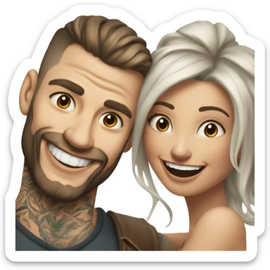 Hyper Realistic beautiful woman in the arms of a very handsome tattooed man laughing  sticker