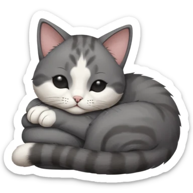 dark grey and white small cat with his eyes closed leaning his head on his paw while leaning on his elbow lying down sticker