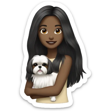 Black long hair pale skin girl with cream colored shih tzu  sticker