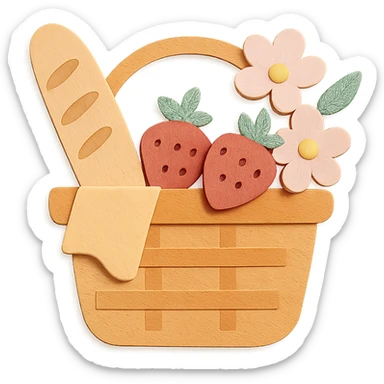 picnic basket with berries, bread, and flowers in warm pastel shades, paper-craft style sticker