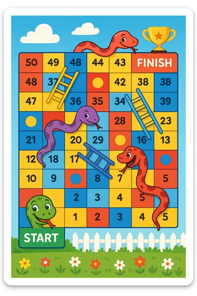 Create a colorful rectangular board game path in the classic "Snakes and Ladders" style. The path consists of 50 numbered squares arranged in a winding pattern across 4–5 horizontal rows. The path starts in the bottom-left corner with a cheerful cartoon snake's face and the word "START", and ends in the top-right corner with a trophy icon and the word "FINISH". Include several snakes that slide the player down (curvy red or purple snakes with playful expressions) and ladders that move the player up (brightly colored ladders with blue or yellow rungs). Some squares are colored differently (e.g. red, blue, yellow) to indicate special actions. The background is bright and fun, with a blue sky, white clouds, green grass, and a picket fence with flowers. Style: digital cartoon illustration with bold lines, vibrant colors, and a joyful, child-friendly atmosphere. The entire board should be playful, engaging, and suitable for kids aged 5–10. sticker