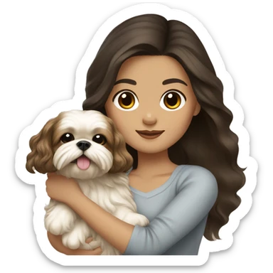 Young dark brunette hair woman with a golden shih tzu in her arms long wavy hair sticker