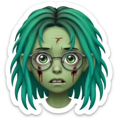One young female green-skinned, zombie with glasses, with ombre black roots & teal tips long dreadlocks and a worried expression with a small wound near its mouth. sticker