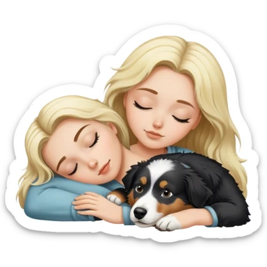 White girl blonde hair sleeping with black and white Australian shepherd  sticker