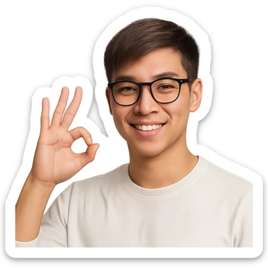 a young Asian man with cool brown short hair, wearing black framed glasses, a white top, making an OK gesture with his right hand, and smiling confidently sticker