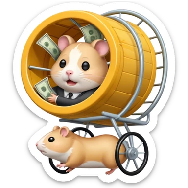 Create an emoji of a tired, overworked entrepreneur running on a hamster wheel, chasing a floating dollar sign or a bag of money. The character has dark circles under their eyes, looks exhausted, and appears stuck in an endless cycle. The hamster wheel represents constant struggle, while the money is always just out of reach. The style should be clean and easily recognizable as an emoji

 sticker