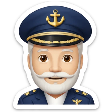 A light-skinned mid-aged man with brown eyes and white beard, smiling while wearing a white captain’s hat with a navy emblem. sticker