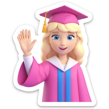 blue eyed blonde girl in pink graduation attire, waving, festive background sticker
