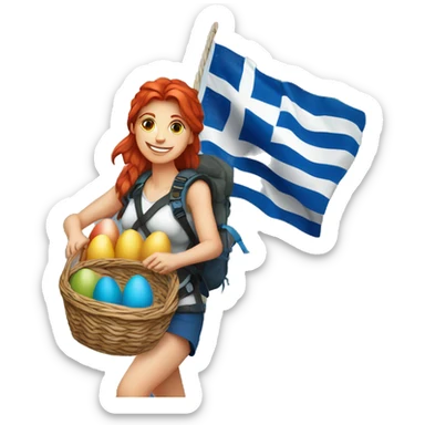 Greek flag background Female mountain climber red hair climbing with Greek flag on backpack and holding Easter eggs basket sticker