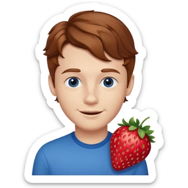 Please generate a portrait of a boy. He has wavy, light brown to reddish-brown hair, a right side parting, slightly longer sideburns, blue eyes, a snub nose, and a rather pronounced, strawberry-red pout. He is smiling. sticker