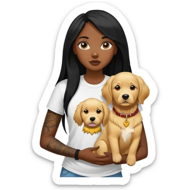 a black girl with long black  straight hair with  tattoos on the chest in the t-shirt and  a golden retriever sticker