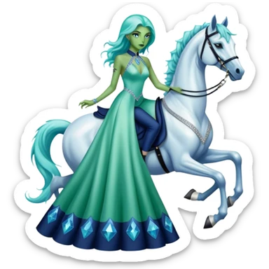 alien reptilian green skin woman, in long slim pastel blue formal party satin dress with gradient shiny sparkling navy blue diamonds embroidered , ride a White horse sticker