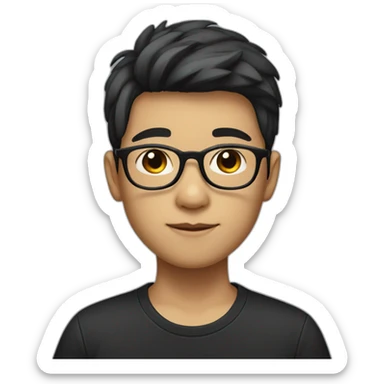 A Chinese boy with partial hair, a black T-shirt and a pair of black-rimmed glasses sticker