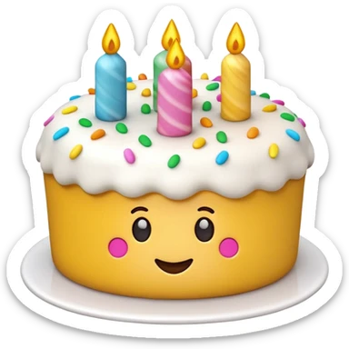 3D iPhone style emoji of a cake, round and fluffy, decorated with icing and sprinkles, isolated on white background, soft shadows, high detail, playful and cute. sticker