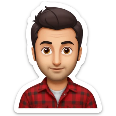 generate a pretty bratz emoji 
Make her look like Ranbir kapoor wearing a red flannel shirt, smirking

She should look exactly  like ranbir kapoor!  sticker