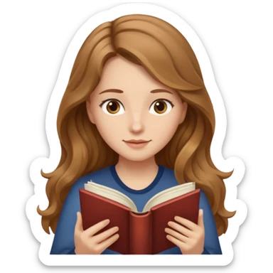cute emoji of a woman with long light brown wavy hair and light brown eyes reading a book peacefully sticker