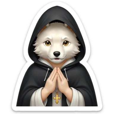 white wolf praying with black hooded cloak sticker