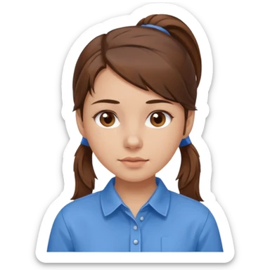 brown hair in a low pony tail with brown eyes girl blue shirt sticker
