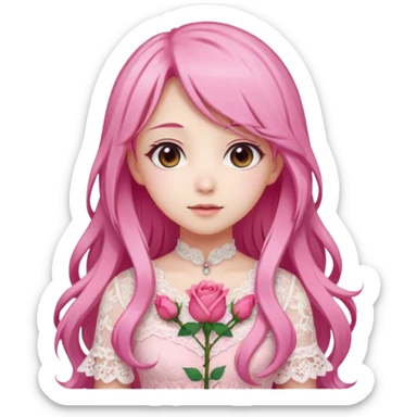 pastel anime woman with pink and white lace dress full body and long hair in a rose garden background sticker