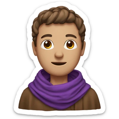 a small man's head is wrapped in a purple scarf, only 1 eye is visible and it is white, there is a brown robe on the body sticker