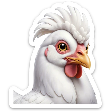 Cinematic Noble White Chicken Portrait Emoji, Poised and regal, with a compact, sturdy build and a pristine, well-groomed pure white plumage, deep-set soulful beady eyes, Simplified yet sharp and sophisticated features, highly detailed, glowing with a soft, dignified glow, high shine, intelligent and alert, stylized with an air of barnyard elegance, focused and attentive, soft glowing outline, capturing the essence of a watchful and confident fowl, so majestic it feels as though it could strut out of the screen with effortless authority! sticker