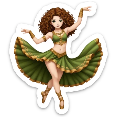 full body woman long curly brown hair brown eyes white skin tattoos muscular build moss silk dancer costume, mid spin sticker