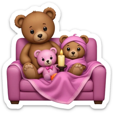Brown teddy bear cuddling with a pink teddy bear wrapped in a blanket watching tv on couch with candles next to them sticker