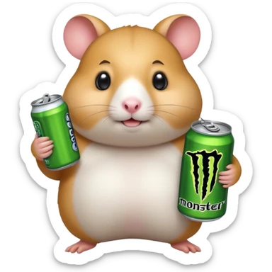 Funny cartoon-style fat hamster with big wide eyes  holding a can of monster energy in one hand and redbull in the other hand sticker