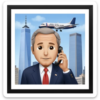  emoji of the world trade center with a plane crashed into it and george bush on a phone in front of them sticker