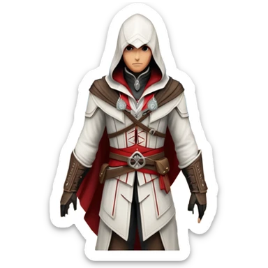 icon featuring Assasin's Creed in an iconic assassin's hood, standing tall against the backdrop of Florence. The design captures the essence of adventure, with intricate details of historical architecture and a sense of mystery. The character is poised, ready for action. transparent background. sticker