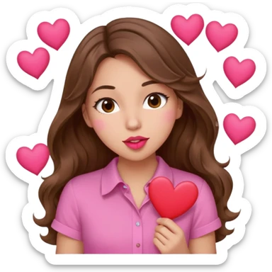 girl with long wavy brown hair, brown eyes, light to medium complexion, in a pink shirt, pink lips, long lashes, puckering up for a kiss, many  hearts in hand sticker