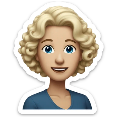 widow with blonde, medium length curly hair, blue eyes and 60 years old sticker