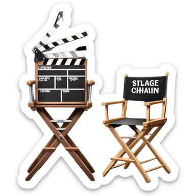 Icon for Directing: a director's chair, a film slate, a megaphone, and a stage set with lights. The icon should represent the creative and leadership aspects of directing, with focus on film and theater production. Transparent background. sticker