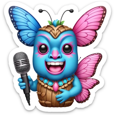 Pixar style little Cartoon Blue and pink tiki singing with butterfly and in the microphone, ultra detailed and lifelike imagery sticker