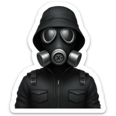 An poker face man with black hair and a black gasmask and black clothes sticker