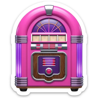 3D render of Jukebox, vintage 1980s audio equipment aesthetic, tactile analog buttons, neon pink and purple light tubes with chrome trim, mixed wood grain and brushed aluminum textures, Apple emoji style, isolated on white background --v 6.0 sticker