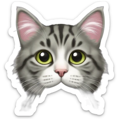 cat Tabby (Mainly black and gray) fluffy cat pink-nose light-green-eyes,-white-long-whiskers,-white-spots-near-the-nose sticker