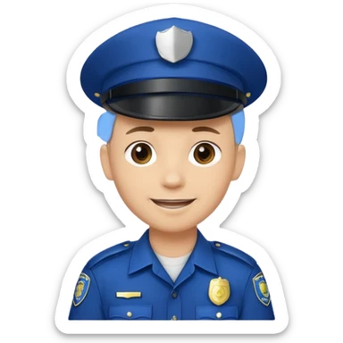 This is a cartoon-style avatar of a police officer with light skin, wearing a dark blue cap featuring a silver badge, and showing a smile expression. sticker