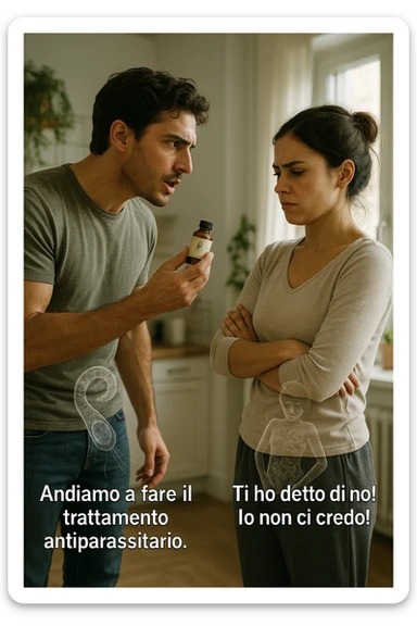 A highly realistic, cinematic photo of a young couple in their early 30s having an argument in a bright modern kitchen. The man, athletic build, wearing a casual T-shirt and jeans, is speaking firmly with a raised hand holding a small amber glass bottle labeled with a subtle herbal symbol, saying 'Andiamo a fare il trattamento antiparassitario' with a determined expression. The woman, with long dark hair tied in a messy bun, casual home outfit, crosses her arms with an angry, defensive expression, replying 'Ti ho detto di no! Io non ci credo!' while slightly turning away. Tension is visible in their body language, with the man leaning forward trying to explain and the woman leaning back, her eyebrows furrowed. Around them, subtle ghostly overlays of microscopic parasites are faintly visible near their abdominal areas, symbolizing the hidden reason for the argument. The kitchen is bright and modern with plants and natural light, contrasting the emotional tension. The style is hyperrealistic with warm tones and shallow depth of field focusing on their facial expressions, illustrating the conflict between belief in natural treatments and skepticism within the couple regarding hidden parasitic infections. in italiano sticker