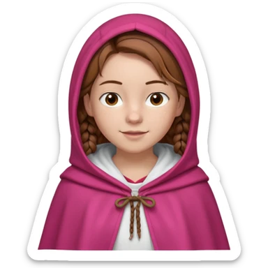 a 12 year old girl with fair skin, freckles, and brown hair done in French braids that come down to her breasts. she has a red hooded cape with the hood drawn. she has big, brown eyes and normal eyebrows. she has a pretty white t-shirt under her cloak. she has a warming smile with pale pink lips sticker